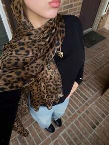 1 pieza Pañuelo/Chal de mujer estilo bohemio con estampado de leopardo marrón, suave y a prueba de viento para primavera/verano, accesorio versátil de estilo callejero - Verde-rosa - Ver 3