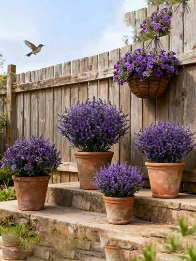 抗紫外线人造薰衣草花束 | 鲜艳紫色逼真仿真灌木，适用于家居装饰、室内/室外悬挂、婚礼、耐用塑料园艺