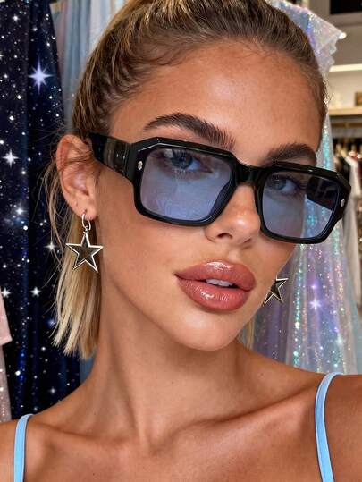 1 Pair Unisex Square Studded Light Blue Fashion Glasses, Suitable For Daily Wear, Back To School, Vacation, College Style, Summer Beach Outfit, An Ideal Accessory For Women