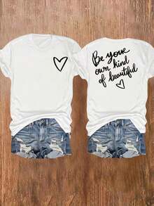 Casual Round Neck Short Sleeve T-Shirt With Letter Print And Stripe, Versatile For Summer Outfits For Women - Blanc - View 12