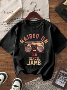 [Music Festival] Tween Boy Music Festival Letter Print Pullover Crew Neck T-Shirt - Spring, Summer, And Autumn Student Young Children's Short-Sleeve Top - Perfect For Playing And Casual Outings. A Fun And Colorful T-Shirt That Inspires Every Child's Imagination. Suitable For Sporty Boys' Everyday Wear, Street Style, And School Uniforms. - 黑色 - 查看 2