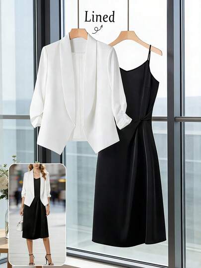 Set da donna composto da blazer casual con colletto alla coreana, polsini con volant e maniche a 3/4, in colore unito di alta qualità, e abito a portafoglio a vita media con design a nodo attorcigliato sul davanti