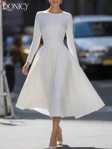 DONICY 优雅女士连衣裙,春夏纯色圆领系腰A字中长连衣裙,时尚简约优雅通勤白色连衣裙,休闲、商务、通勤、外出、情人节、嘉年华皆宜 - 白色 - 查看 7