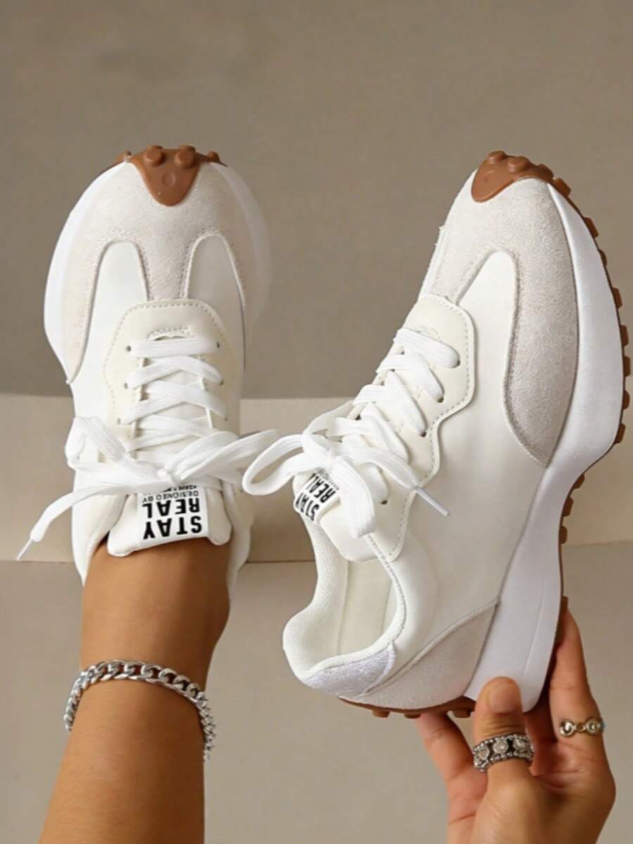 Women's White Casual Sneakers, Low-Top, Lightweight, Non-Slip, Wear-Resistant, Low Heel, Round Toe, Breathable, Lace-Up, Suitable For Outdoor Sports, Spring/Autumn - 白色 - 查看 1