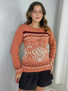 Women's Long Sleeve Knit Sweater For Winter With Geometric Pattern And Mousse Fabric - Coral Pink - View 3