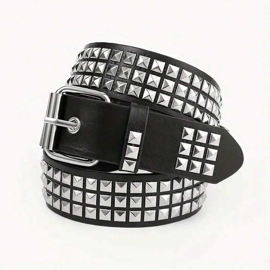 Square Bead Rivet Belt, Metal Belt, Unisex Punk Style Metal Jeans Belt, Designer Belt, Women's Belt - 1PC - View 1