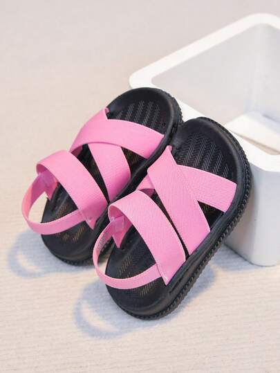 Colorful Elastic Band Children's Flat Sandals, Unisex Fashion Casual Pink Kids Sports Sandals For Daily Wear, Cute Pink Girls' Multi-Strap Roman Sandals For Holidays, Outings And Vacations, Soft Bottom Comfortable Lightweight Pink Children Fashion Sandals