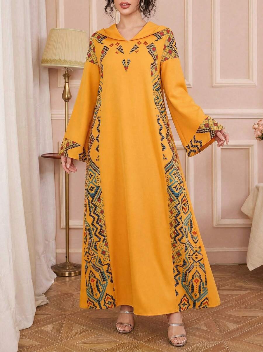 Solessence Middle Eastern Style Hooded Long Sleeve Dress, Yellow Luxury Arabic Traditional Print Abaya Dress, Special Occasion, Party, Festival Wear - Yellow - View 1