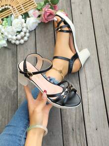 1 Pair Women's Summer New Fashion Crystal Pendant One-Strap Comfortable Soft-Sole High Heel Sandals, Minimalist Style Suitable For Casual, Work, And Solid Color Wedding Heels - Black - View 2