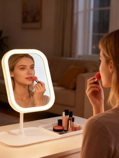 1个智能LED化妆镜，三色可调灯光，超大镜面，可充电便携设计。适合居家、旅行和宿舍使用。白色和粉色可选。生日和圣诞节送给女性的理想礼物。