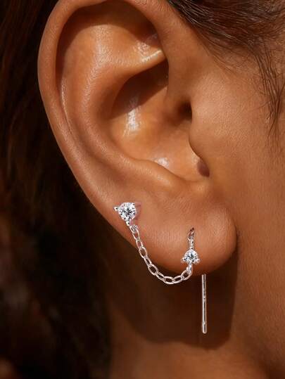 1Pc Dainty Delicate 925 Sterling Silver Chain Tassel Moissanite Piercing Earrings Set, 3-Prong Clover Design Flat Back Cartilage Studs, Hypoallergenic Jewelry Gift For Women Girls Daily Wear Party Wedding Season