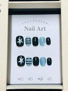 1package/10pcs-Starry Sea 3D Starfish Press On Nails | Black & Blue Cat Eye Striped Short Square Nails - Blue - View 9