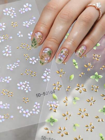 2Pcs Bronzing Flower Nail Art Stickers Decals, Metallic Floral Leaf Plant 5D Embossed Nail Decals Self-Adhesive Small Floral Design Nail Art Decoration Accessories For Women Girls
