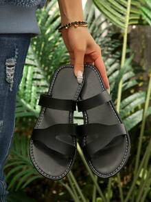 新款夏季女士Y字带拖鞋，时尚休闲风凉拖，罗马趾环凉鞋，黑色和棕色宽松版型，舒适平底拖鞋，博主推荐 - 黑色 - 查看 4