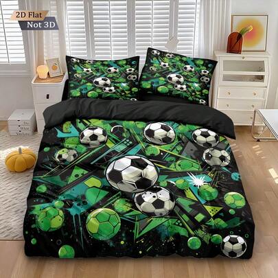 3pcs Set (1 Duvet Cover + 2 Pillowcases, No Filler), Classic Black & White With Neon Green Creative Football Element Digital Printing, Soft & Skin-Friendly, Suitable For All Seasons. Zipper Closure, Machine Washable, Ideal For Hotel, Bedroom, Room, Dormitory Decor, Full Of Dynamism And Vitality, Suitable For Football Fans Or Teenagers, Also Can Be Given As A Gift.