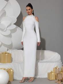 Elegant Black High Neck Off-Shoulder Fitted Long Evening Gown, Decorated With Pearl And Rhinestone On Sleeves, Suitable For Party, Wedding And Other Occasions - White - View 6