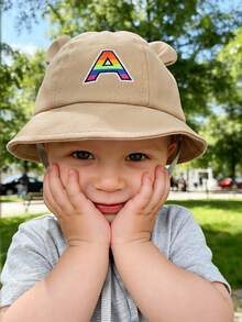 1pc A-Z Rainbow Letter Baby 3D Bear Ear Bucket Hat - Khaki Cute Cap Adjustable Anti-Drop Strap Infant Outdoor Sun Hat - Khaki - View 4