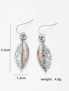 1 Pair Vintage Bohemian Silver Plated Abstract Rainbow Leaf Saw-Tooth Shape Faux Wooden Hoop Earrings For Women - 彩色 - 查看 2