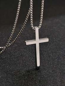 男士304不锈钢十字架吊坠项链，防氧化银色盒式链条，简约风格首饰，经久耐用，日常佩戴配饰 - 銀色 - 查看 6