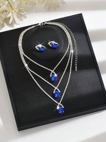Charming Multi-Layer Vintage Jewelry Set - Sparkling Crystal Layered Necklace + Earrings, Bridal Wedding Formal Cocktail Party Jewelry, Anniversary Gift - 1811-hB Blue - View 5