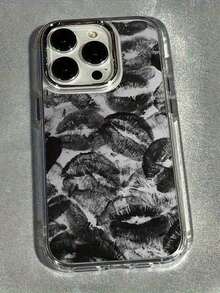 灰色背景黑色嘴唇图案防震手机壳，兼容 17 Pro Max/16 Pro Max/15 Pro Max/17 Pro/16/15/14/13/12/11 - 彩色 - 查看 1