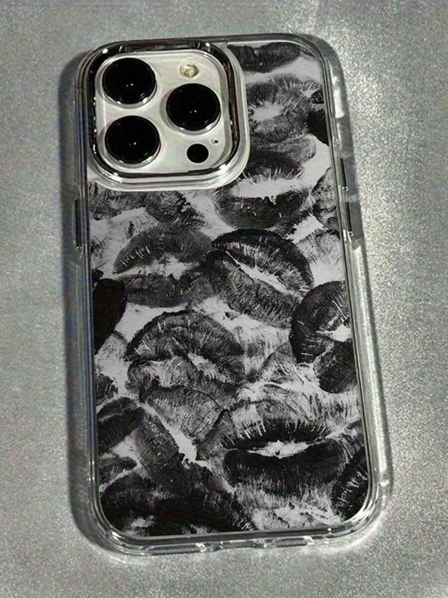 灰色背景黑色嘴唇图案防震手机壳，兼容 17 Pro Max/16 Pro Max/15 Pro Max/17 Pro/16/15/14/13/12/11 - 彩色 - 查看 1