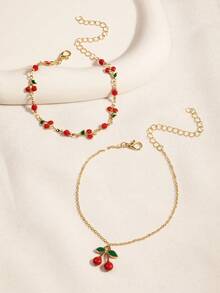 2pcs/Set Gelang Kaki Liontin Ceri Mengkilap Lucu Musim Panas, Gelang Kaki Modis Manis, Cocok untuk Pemakaian Sehari-hari, Pantai, Kencan, Pesta, Buatan Tangan, Susunan Rantai Acak - Merah - View 2