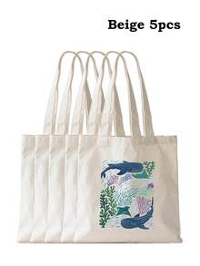 海洋生物印花帆布手提袋，轻便可重复使用，适合泳池度假日常必备 - 彩色 - 查看 20