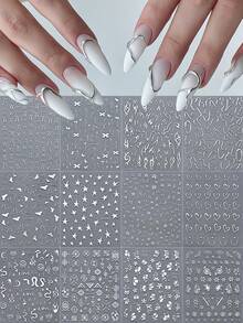 12pcs/Set 3D Bronzing Sun Moon Nail Art Stickers Decals Holographic Silvery Stars Line Designs DIY Manicure Y2K Nail Sliders - Silver - View 3