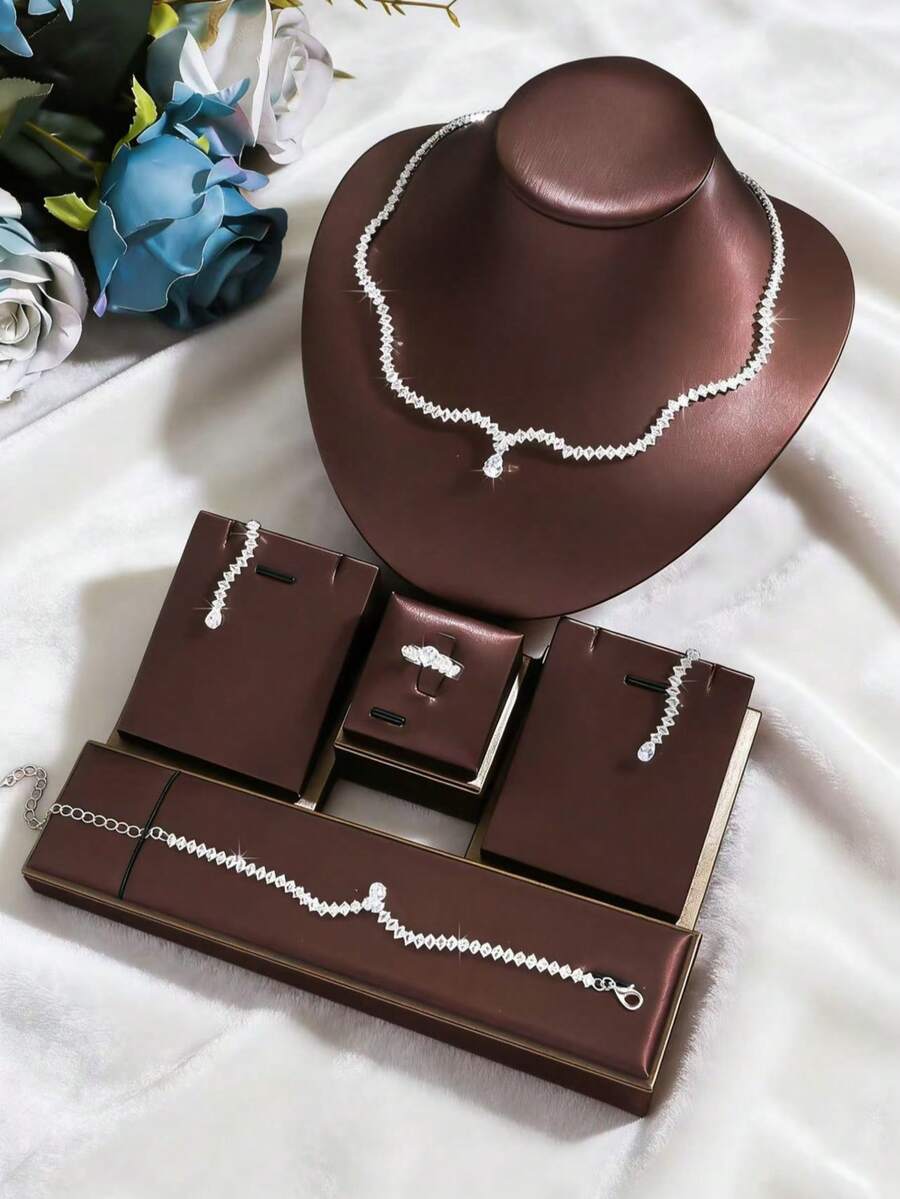 Juego de 4 piezas de joyería elegante y de moda para mujer con circonita cúbica, con estilos de colgante en forma de lágrima y herradura, adecuado para bodas, fiestas, regalos de graduación, verano - Blanco - Ver 1