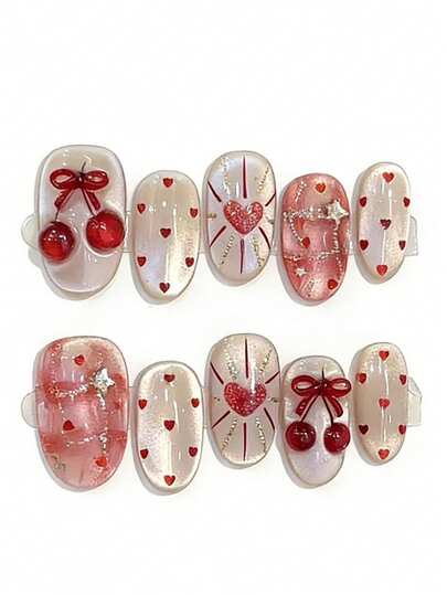 10pcs It's Named Star Cherry Heart Sequence. This Manicure Showcases Seamless Shimmering Textures, With Cherry And Star Details Popping Against The Soft Base Like A Cherry Wrapped In Starlight. The Tiny Heart And Heartburst Accents Add A Touch Of Playful Luxury, Creating A Dreamy, Sophisticated Look