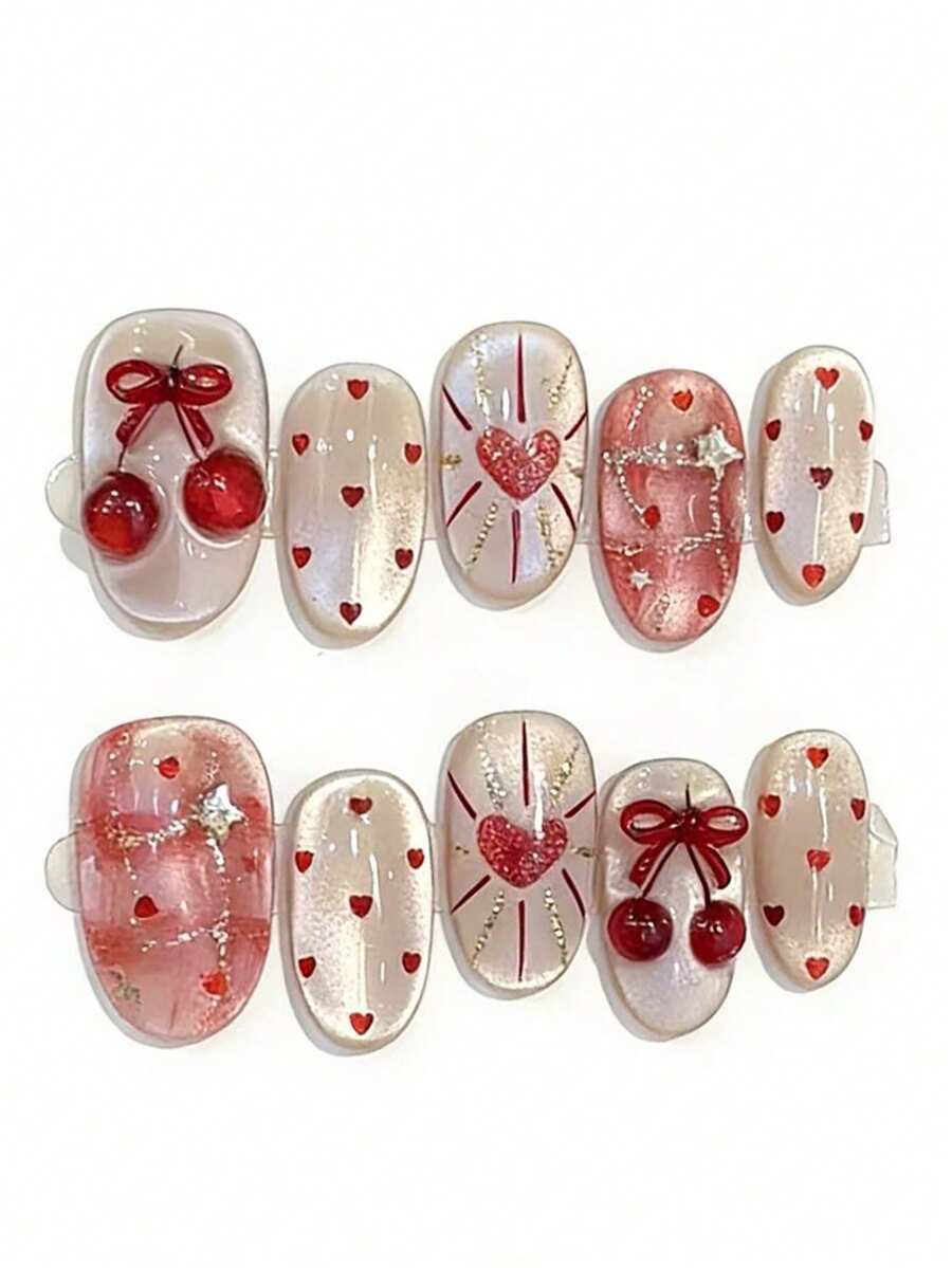 10pcs It's Named Star Cherry Heart Sequence. This Manicure Showcases Seamless Shimmering Textures, With Cherry And Star Details Popping Against The Soft Base Like A Cherry Wrapped In Starlight. The Tiny Heart And Heartburst Accents Add A Touch Of Playful Luxury, Creating A Dreamy, Sophisticated Look - Multicolor - View 1