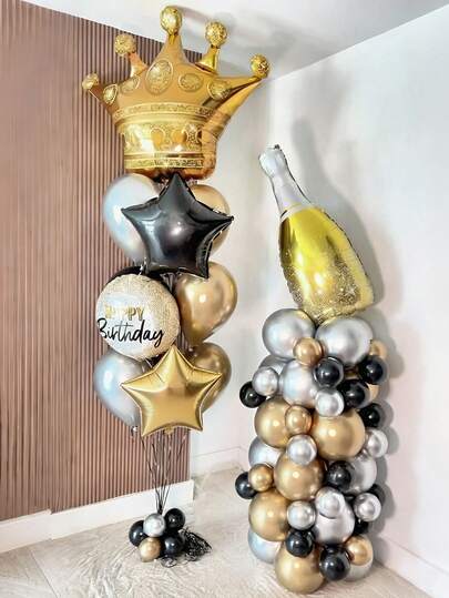 1 Set Luxury Theme Party Balloon Kit, Includes Large Crown, Wine Bottle Foil Balloons, Gold & Black Star Balloons, Round Happy Birthday Balloons, Suitable For Black & Gold Party, Birthday, Anniversary, Bachelor, Baby, Bridal, Graduation Decoration