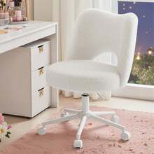 Vanity Chair With Wheels Armless, White Vanity Chair With Back,Ultra-Plush Fleece Cute Desk Chair, Small Office Chair Height Adjustable,For Make-Up Room,Bedroom - 白色 - 查看 1