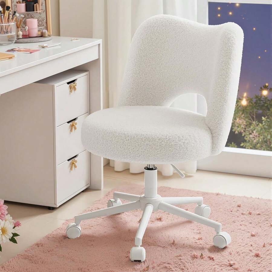 Vanity Chair With Wheels Armless, White Vanity Chair With Back,Ultra-Plush Fleece Cute Desk Chair, Small Office Chair Height Adjustable,For Make-Up Room,Bedroom - 白色 - 查看 1