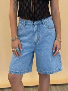 Quần short denim nữ màu đen cạp cao, dáng rộng, thoải mái - Thời trang, đa năng, phù hợp mặc hàng ngày, đi chơi, hẹn hò, dạo phố. - Rửa trung bình - Xem 3