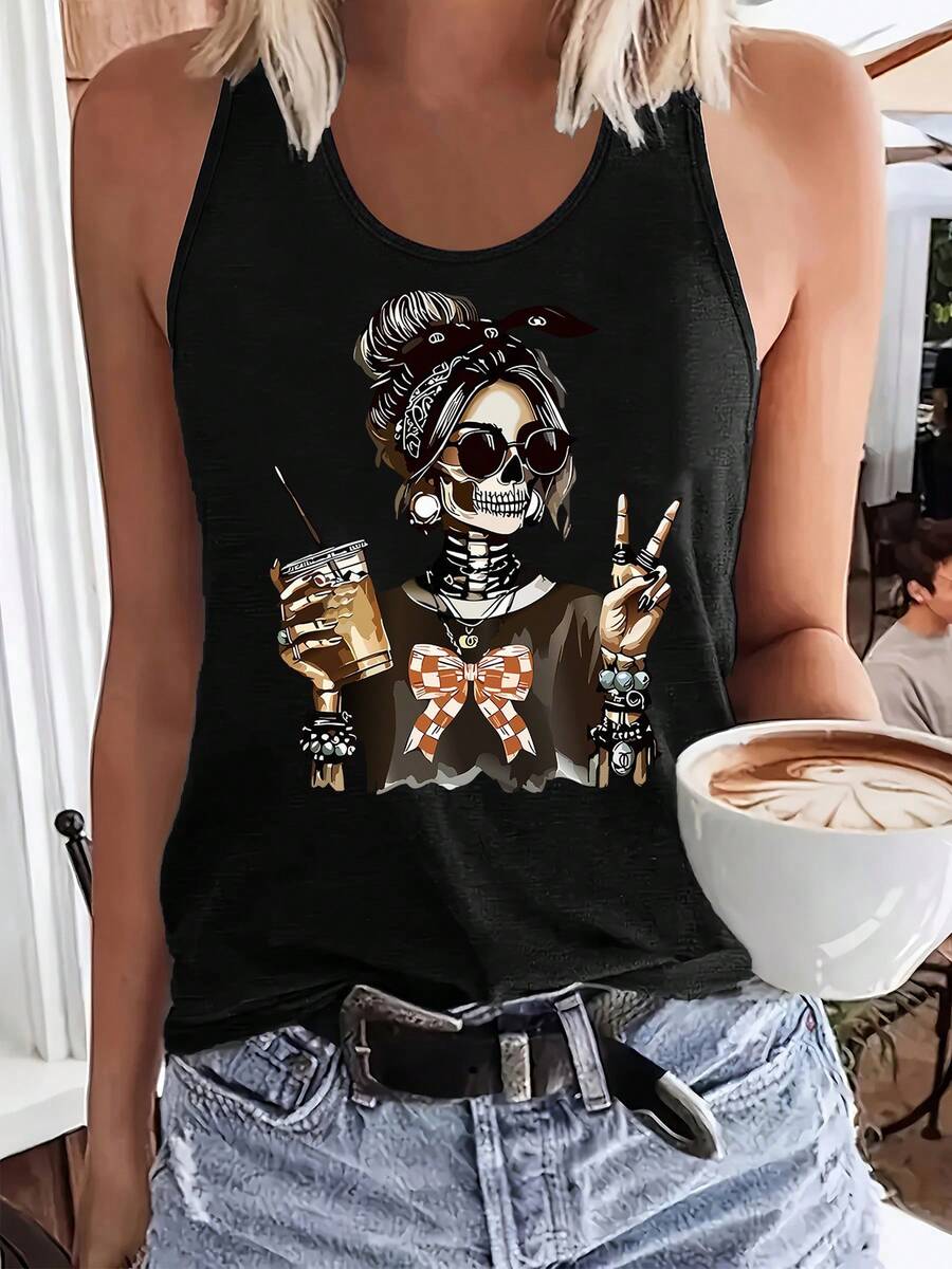 Women'S Fashion Tank Top With A Printed Design And Round Neck, Perfect For A Cool Spring And Summer - Black - View 1
