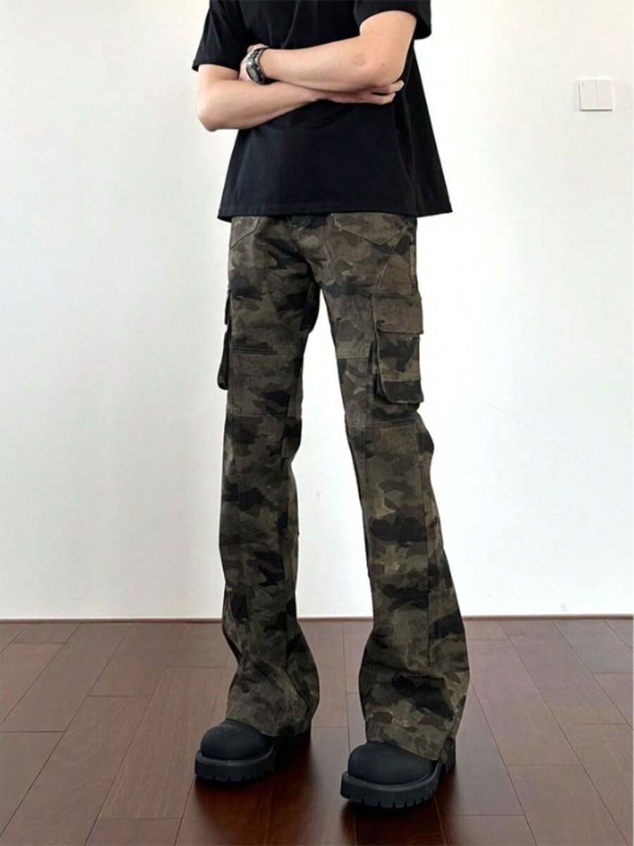 American Retro Camouflage Multi Pocket Jeans Men's Straight Leg Slightly Flared Workwear Pants - Camouflage Color - View 1