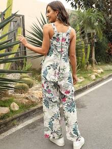 Bohemian Women's Loose Floral Bib Overall Jumpsuit With Pockets Patchwork Wide Leg Adjustable Strap Beach Vacation Outfits Summer - 白色 - 查看 5