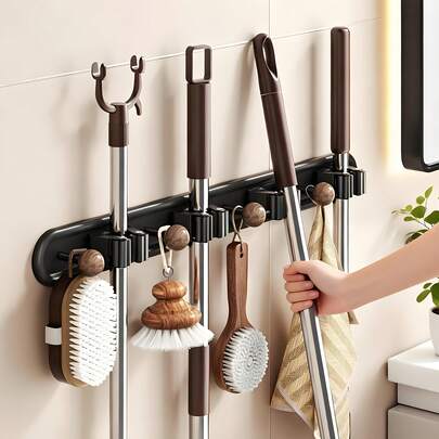 Wall Mounted Mop Holder, Drill-Free Bathroom Broom Organizer Rack, Porch Laundry Room Storage Hook
