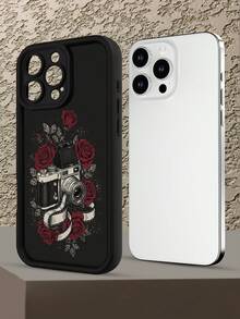 Modische, beliebte, personalisierte, vintage Kamera mit Rosen und Filmstreifen Muster Design Luxus stoßfeste ästhetische süße Handyhülle, Soft-Touch ultimativer Griff, wasserdicht, schmutzabweisend, Stoßschutz mit Kameraabdeckung, kompatibel mit iPhone 17/17Pro/17Pro Max, 16,15,14, 13, 12, 11 Plus/Pro Max und Serie, geeignet für Galaxy S20,S21,S22, S23, S24, S25,26PLUS ULTRA Serie - Schwarz - Übersicht 6