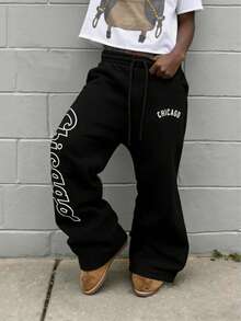 Men's Drawstring Design Printed Casual Pants, Comfortable Breathable Leisure Trousers - Black - View 4