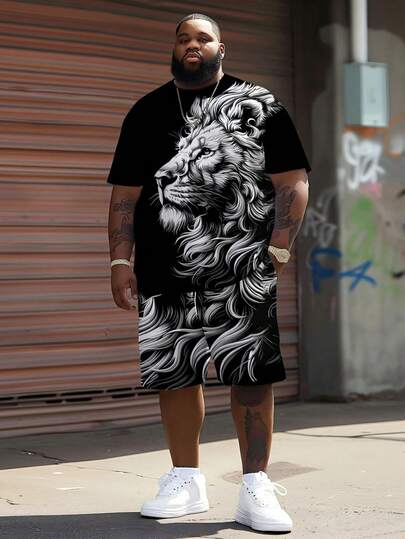 Set de 2 piezas de estilo callejero para hombre de talla grande, camiseta de manga corta con estampado de cabeza de león en negro y blanco + pantalones cortos, estilo casual hip hop para verano