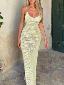 Yuwenier Elegant Sexy Hollow Out Sheer Knit Spaghetti Strap Dress, Criss-Cross Back, Fitted Side Slit, Summer Beach Holiday Crochet Dress - Apricot - View 3