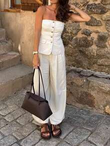 PoPoHouse Women's Elegant Two Pieces Set Sexy Backless Strapless Button Down Top & Loose Wide-Leg Pants Daily Casual Office Commute Summer Beach Vacation Going Out Outfit White Set - White - View 3