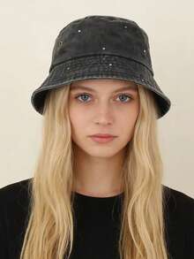 Fashionable Street Style Rhinestone Bucket Hat, Women's Casual Vintage Washed Bucket Hat, Foldable Handmade Rhinestone Sun Protection Hat For Spring & Summer,Beach,Travel - Rhinestones - View 2