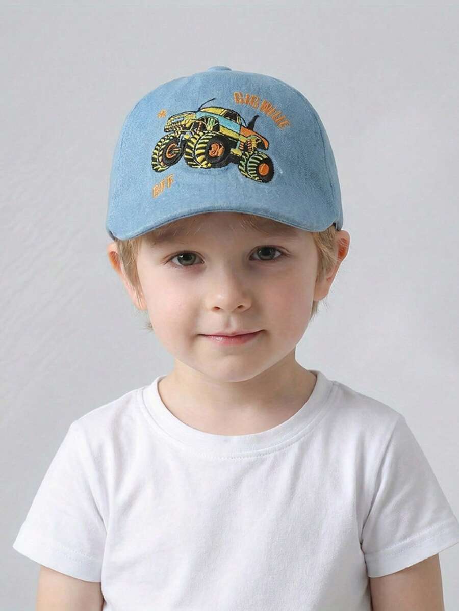 Gorra de béisbol de mezclilla para niños de 2 a 4 años, con diseño bordado exquisito de coche monstruo, transpirable y cómoda, adecuada para jardín de infantes/escuela/viajes y talla grande ocasiones! - 1PC - Ver 1