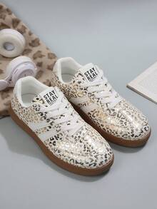 Metallic Gold Leopard Print Casual Vulcanized Shoes, Retro Streetwear Flat Sneakers, Unisex Couple Shoes For Commuting, Dating, Campus, Versatile, Breathable Non-Slip All Season - Gold - View 7