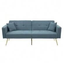 Sofa Bed With Adjustable Incline, Gold Legs, Cushions And Side Storage Pockets - Navy Blue - View 9