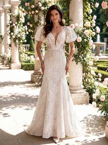 HEARBOBO Mesh Petal Sleeve Deep V-Neck Lace Trim Luxurious Bohemian Mermaid Dress, Elegant French Style Wedding Gown - White - View 5